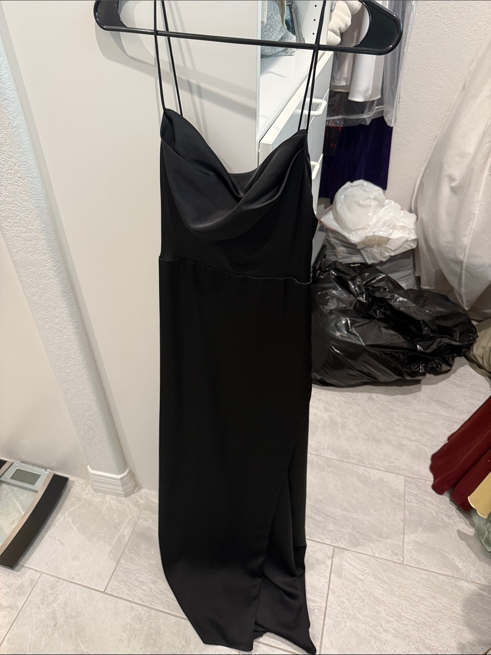 Elegant Black Satin Cowl Neck Slip Dress - Women's